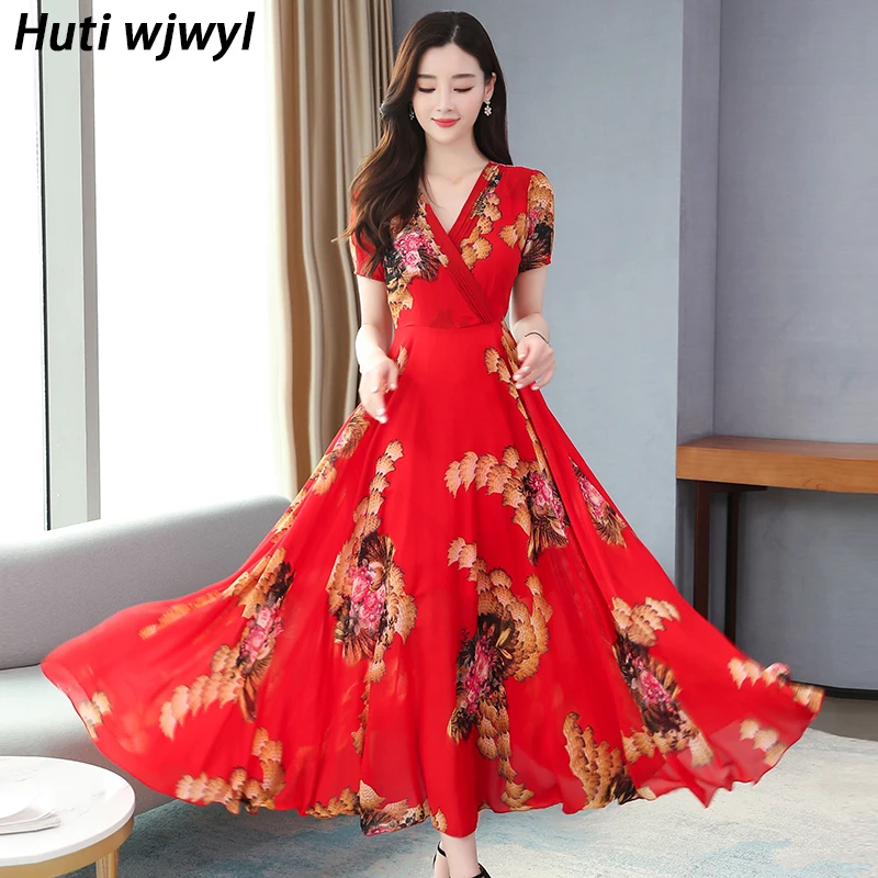 

2023 Floral Chiffon Casual Beach Midi Dress Summer Vintage Chic Boho Sundress Elegant Women Bodycon Party Maxi Evening Vestidos