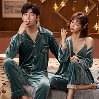 lovers long sleeve velour sleepwear pyjamas suit women 3pcs and man sleep 2pcs loungewear nightwear couple velvet pajamas set