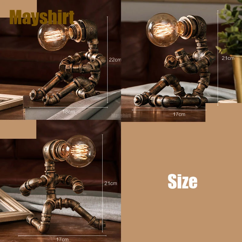 

Vintage Water Pipe Robot Table Lamps Retro Metal Human Desk Lamp Loft Industrial Home Decor Bedside Study Office Bedroom Lamp