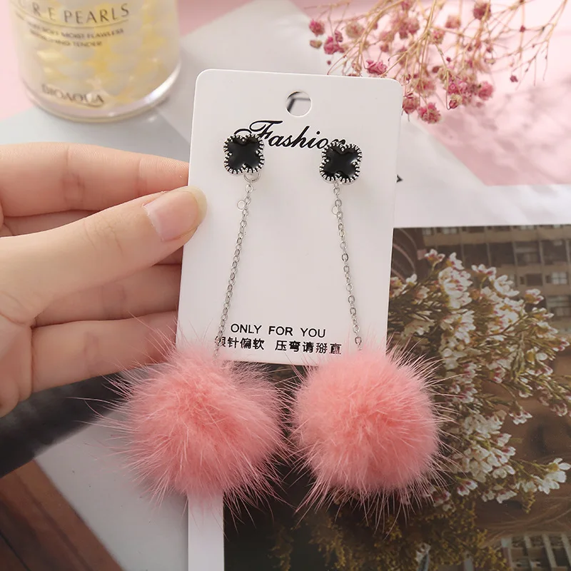 Korean Style Long Four-leaf Fur Ball Ear Drop Statement Earrings 925 Silver Needle Hair Dangle for Women Girls | Украшения и