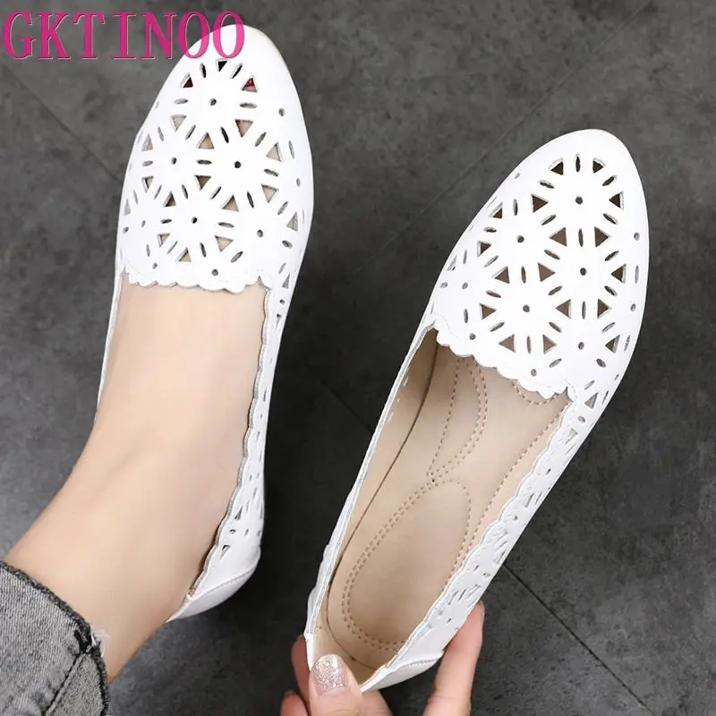 GKTINOO 2023 Women Flat Shoes Genuine Leather Woman Ballet Pointed Toe Flats Summer Lady Hollow Out Loafers Women Shoes Sandals