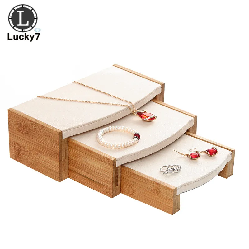 Natural Bamboo Wood Necklace Ring Jewelry Jade Counter Display Stool 3 Pieces Suit High &amp Low Cabinet Stand Rack | Украшения и