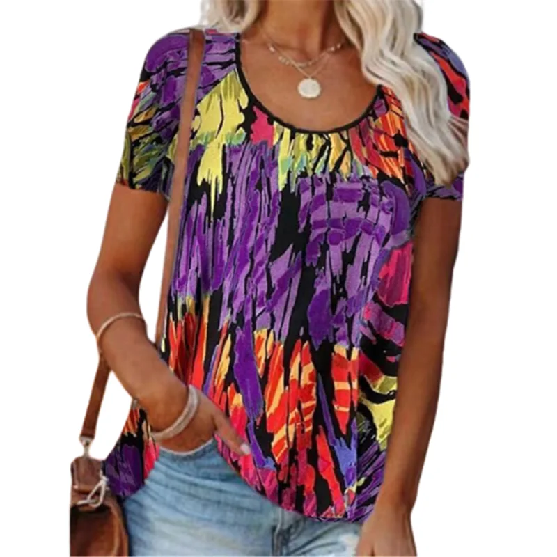 

S-5XL Casual Abstract Print Women T-shirt Summer Fashion Round Neck Short Sleeve Pullover Tshirt Tops Elegant Street Woman Tess