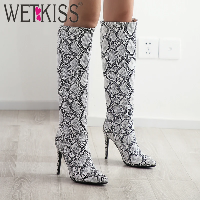 WETKISS/сапоги из искусственной кожи со змеиным узором женские сапоги до колена Женская пикантная обувь на высоком каблуке Женская обувь для вечеринок с острым носком женская зимняя обувь