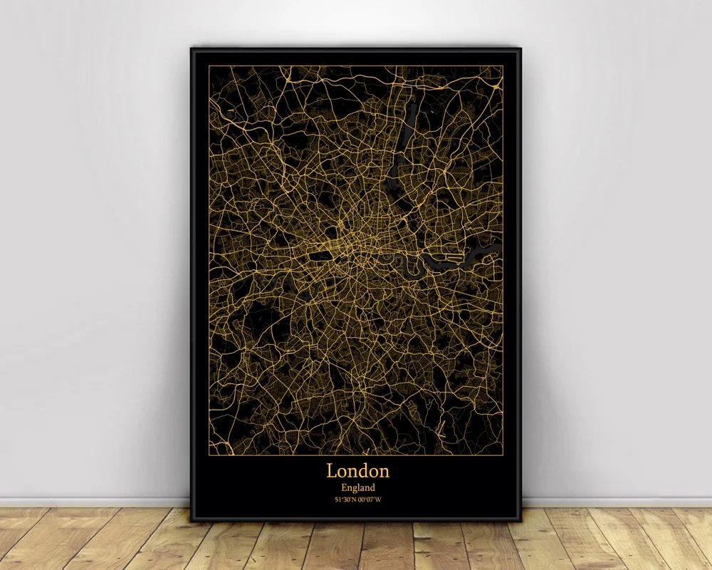 

London England Black&Gold City Light Maps Custom World City Map Posters Canvas Prints Nordic Style Wall Art Home Decor