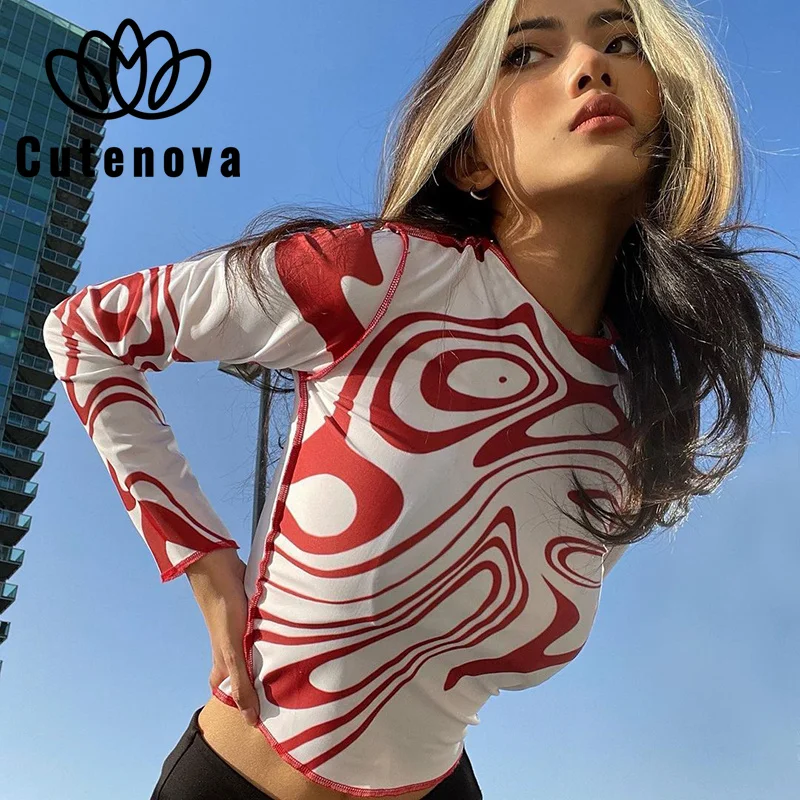 

CuteNova, новинка, Женская Сексуальная футболка в стиле Харадзюку, Топ с длинным рукавом, укороченные топы, женская футболка, Летние повседневны...