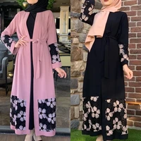wepbel muslim women dresses long sleeve patchwork turkish robe floral printing dress loose arab caftan kimono