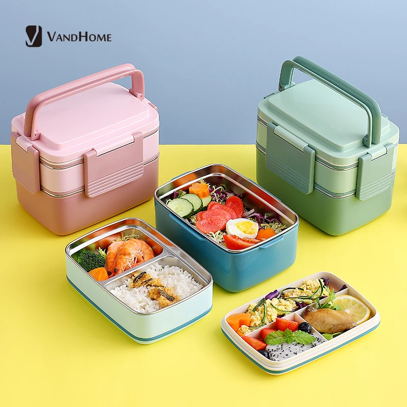 

VandHome Japanese 18/8 Stainless Steel Lunch Box For Kids Portable Leak-Proof Bento Box With Tableware Food Storage Container