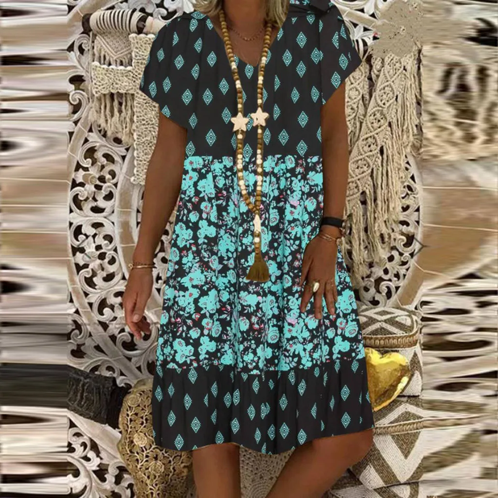 

KANCOOLD dress Women Vintage Casual Summer Floral Print V-Neck Short Sleeve Dress Mini Dress Boho Beach new dress women 20530