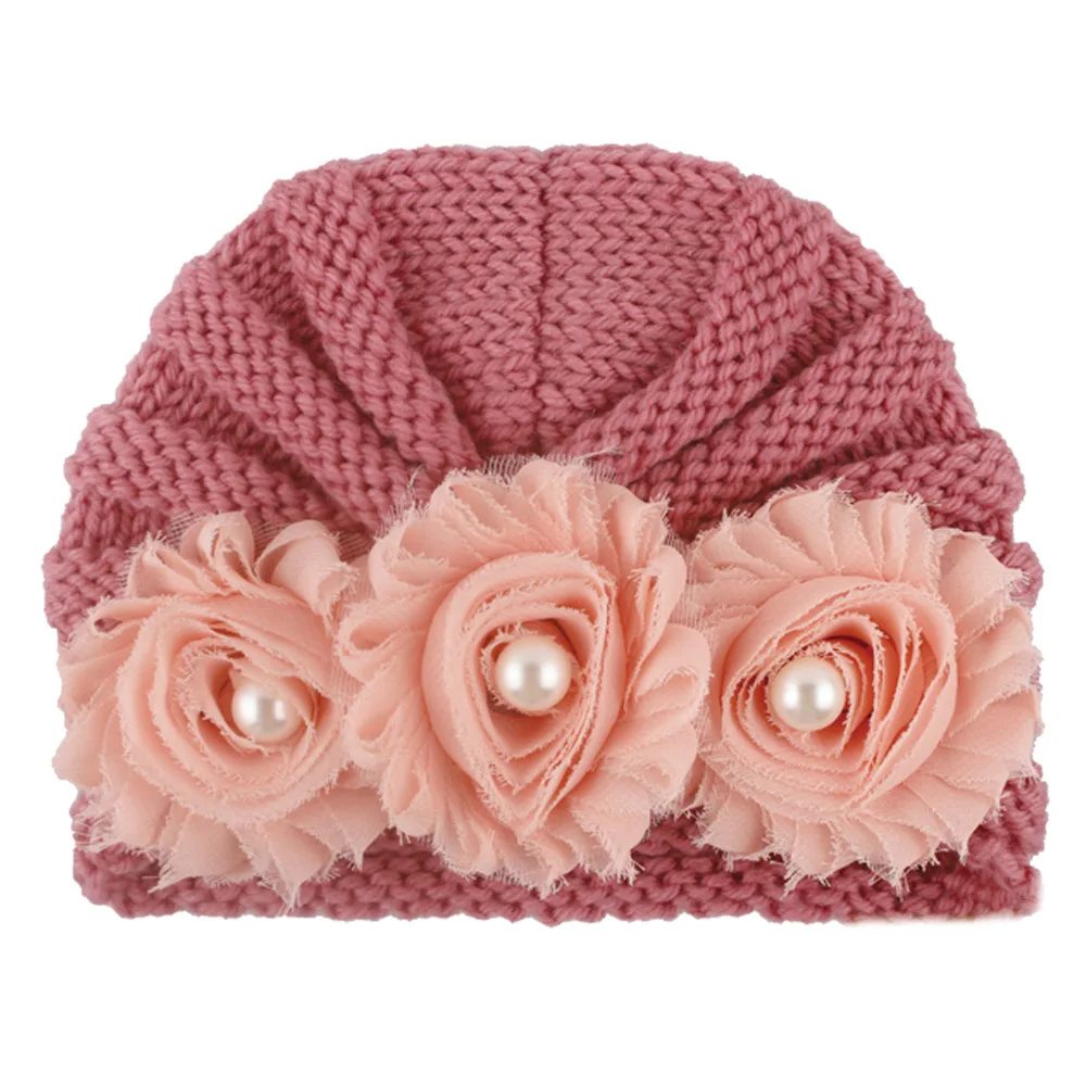 dark pink 12 цветов, зимняя детская шапка для девочек с жемчугом и подсолнухом, Шапочка-тюрбан для новорожденных, шапки с цветами для маленьких девочек, аксессуары - Color: dark pink