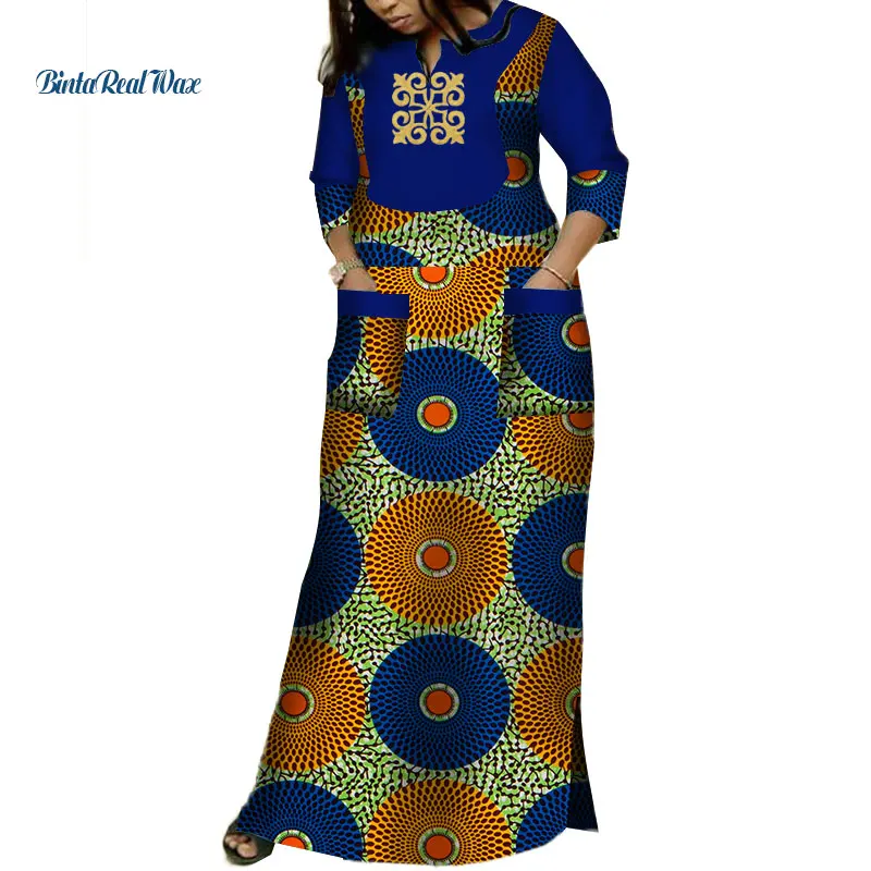 

Dashiki African Dresses for Women Bazin Riche Applique Print Long Dresses with 2 Pockets Traditional African Clothing WY3620