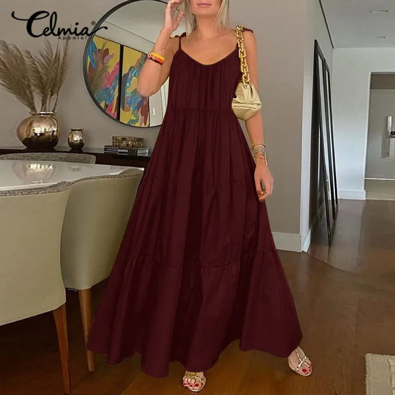 

Celmia Summer Sleeveless Long Dress Women Sexy Spaghetti Strap V-neck Beach Sundress Bohemian Casual Pleated Maxi Vestidos Robes