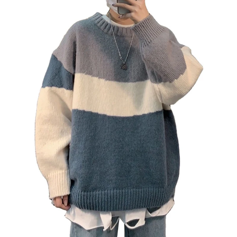 

Autumn Men O-Neck Sweater 2021 Fashion Casual Harajuku Streetwear Male Loose Warm Patchwork Hip Hop Pullover Knitwear