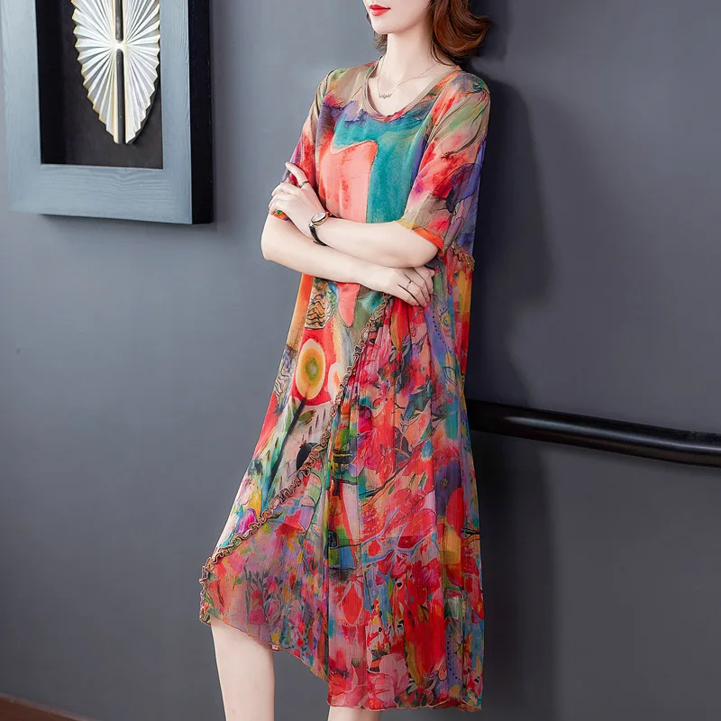 Женское повседневное шелковое платье длинное свободное праздничное с коротким