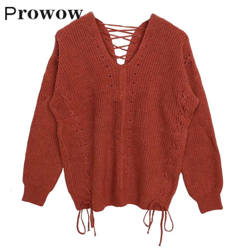 

Prowow Autumn Winter Women Longsleeved Pullover Knitted Sweater Female Loose Streetwear Back Drawstring Cross Bow Pullover Tops