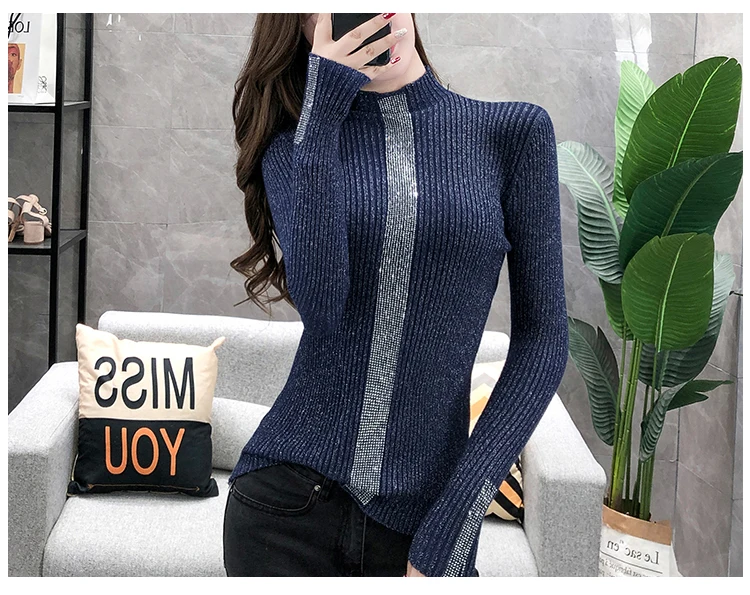 Осенне-зимний модный новый дизайн Женская водолазка Стразы с люрексом в стиле