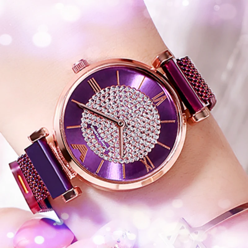 2019 женские часы Роскошные с бриллиантами розовое золото наручные магнитный
