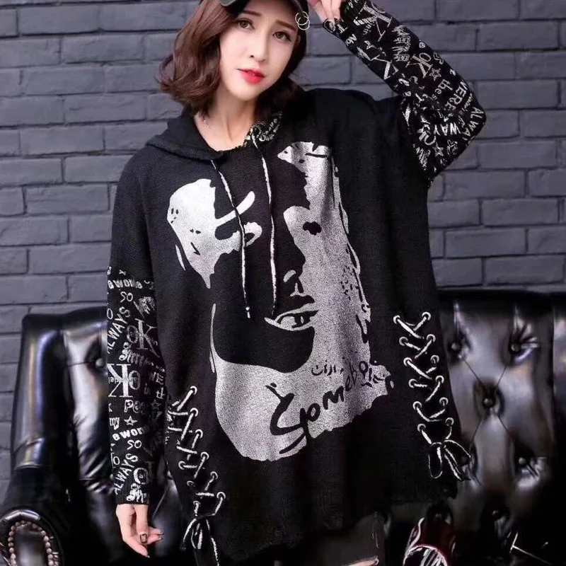 Tide Hit Color Letter Bronzing Print Sweater Women Clothes 2019 Fashion Hoodies Full Sleeve Match All Lace ups Sweaters | Женская одежда