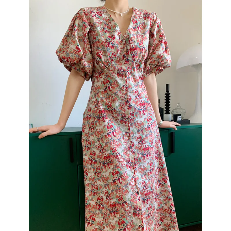 

Красивое женское летнее платье с цветочным принтом, коротким рукавом-фонариком и высокой талией, сексуальное женское платье в стиле бохо, ж...