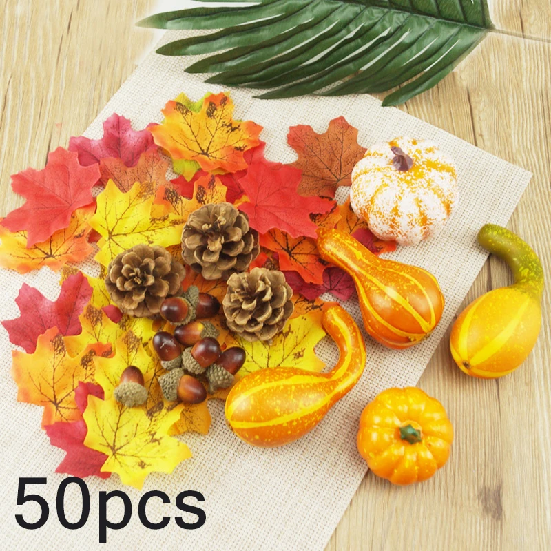 50PCS Осеннее украшение тыквы, реквизит для сбора урожая, искусственные листья тыквы для Хэллоуина, фестиваль урожая, искусственное украшение - Цвет: 50PCS