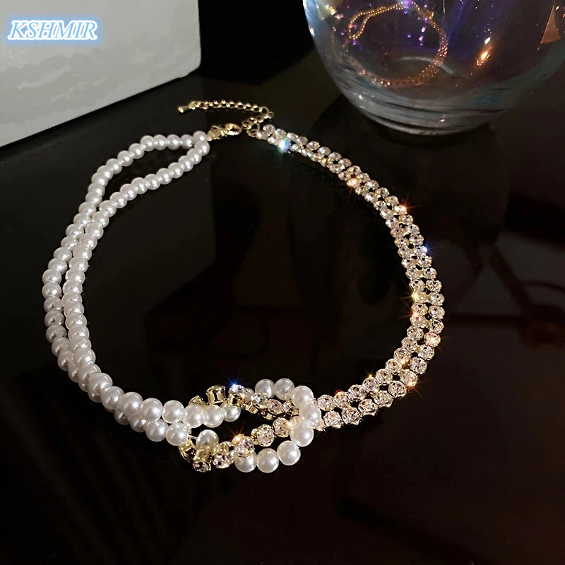

European and American Temperament Pearl Stone Knot Splicing Choker Korean Fashion Jewelry Girl's Sexy Necklace For Wife Gift
