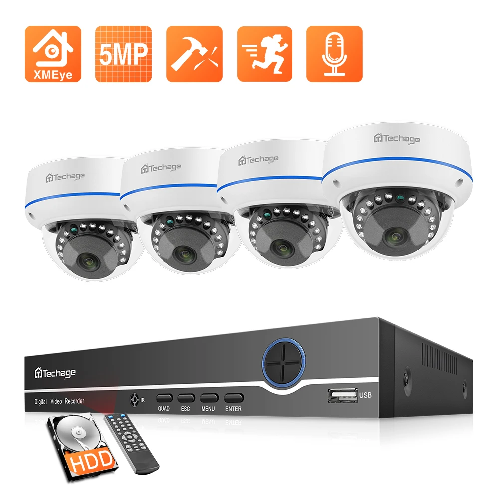 Система видеонаблюдения Techage H.265 4 канала 5 Мп POE NVR 2 МП IP камера со звуком купольная