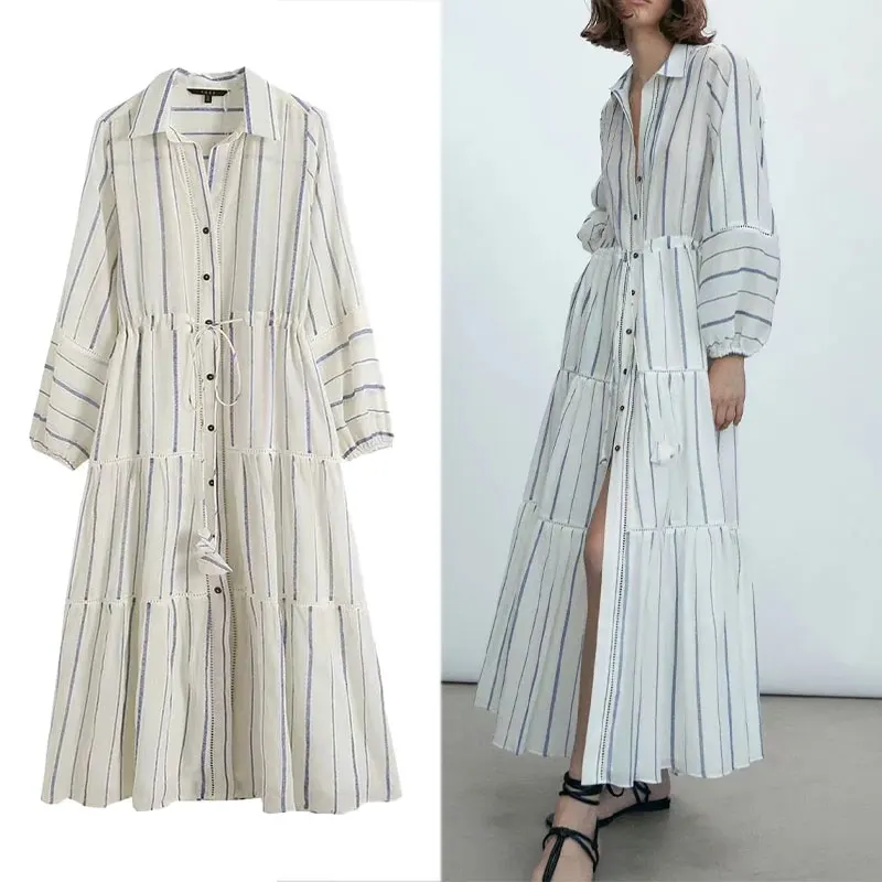 

Женское платье-рубашка на пуговицах Za, с принтом в полоску, с длинным рукавом, Осеннее, повседневное, хлопковое, на шнуровке, 2021