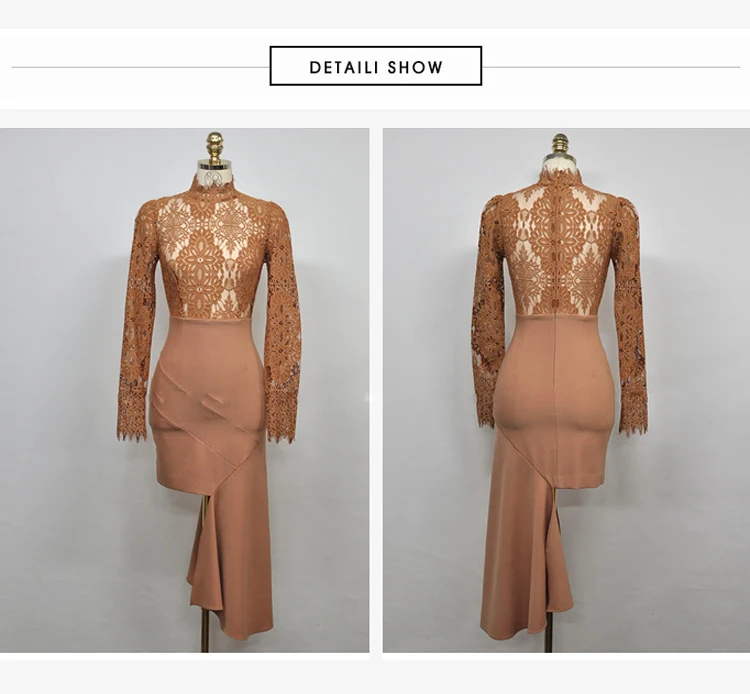 

Spring New Ladies Mid-Calf Irregular Cloth Lace Patchwork Long Sleeved Sexy Hollow Out Party Bodycon Dresses For Women