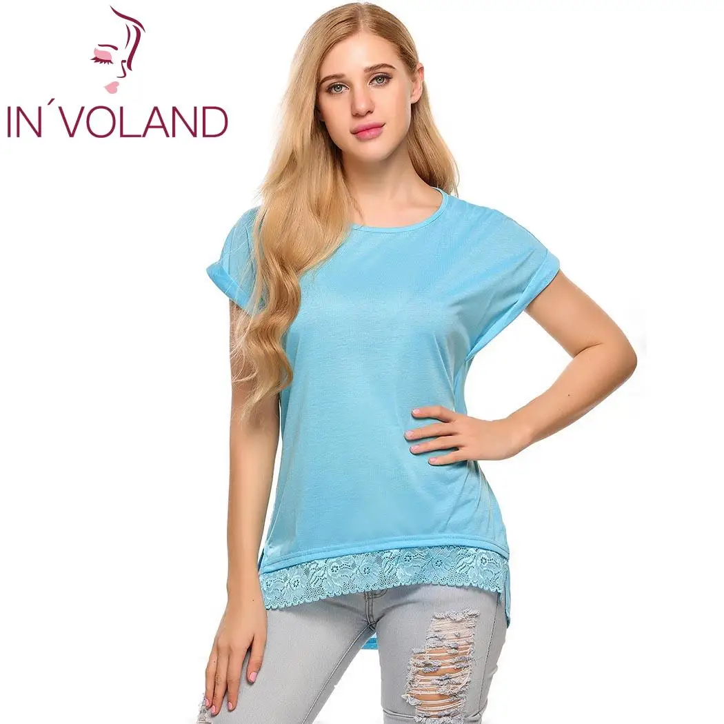Женская летняя футболка с коротким рукавом топы кружевной отделкой
