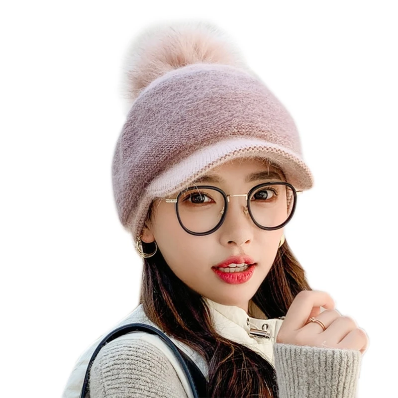 Women Winter Thick Warm Fuzzy Knit Beanie Cap with Visor Bill Cute Pompom Cold Weather Windproof Skullies Baseball Cap