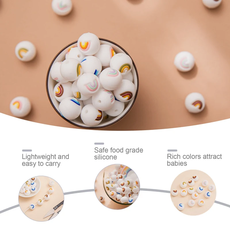 Mordedor de silicona de nube de arco&iacute;ris, cuentas sin BPA para beb&eacute;, Mini nube de arco&iacute;ris, cadena para chupete, dentici&oacute;n, roedores, 50 Uds.-2