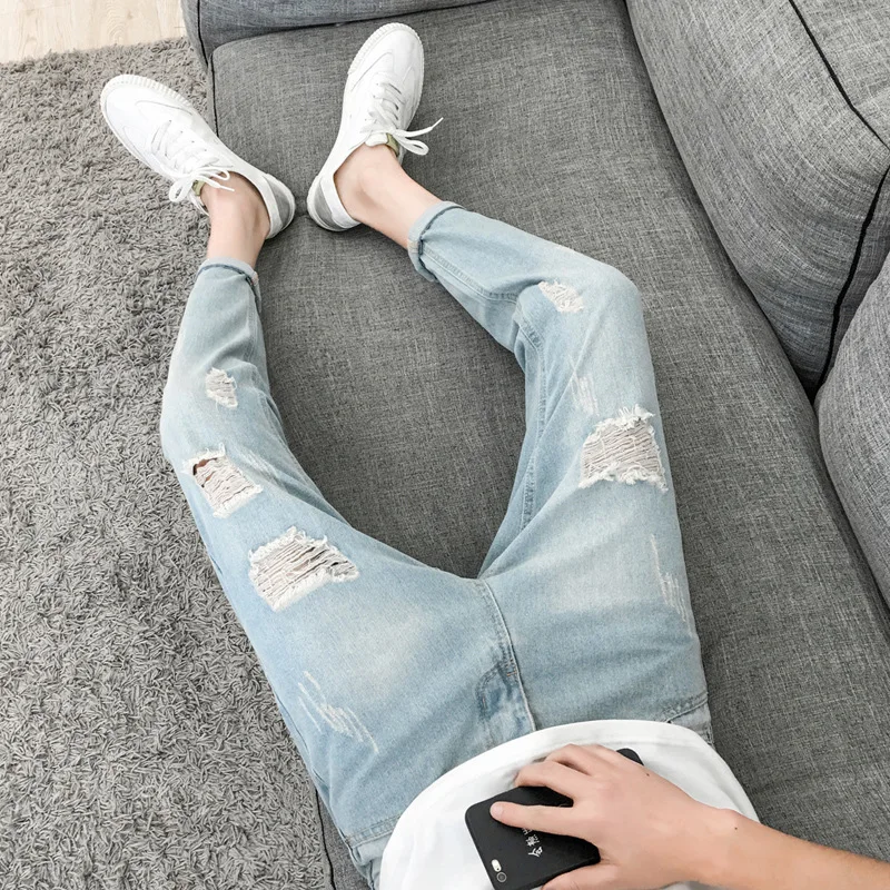 

2021 2020 Fashion Casual Washing Retro light blue Moustache Effect Slim hip hop students Denim Cowboy ankle Length pants