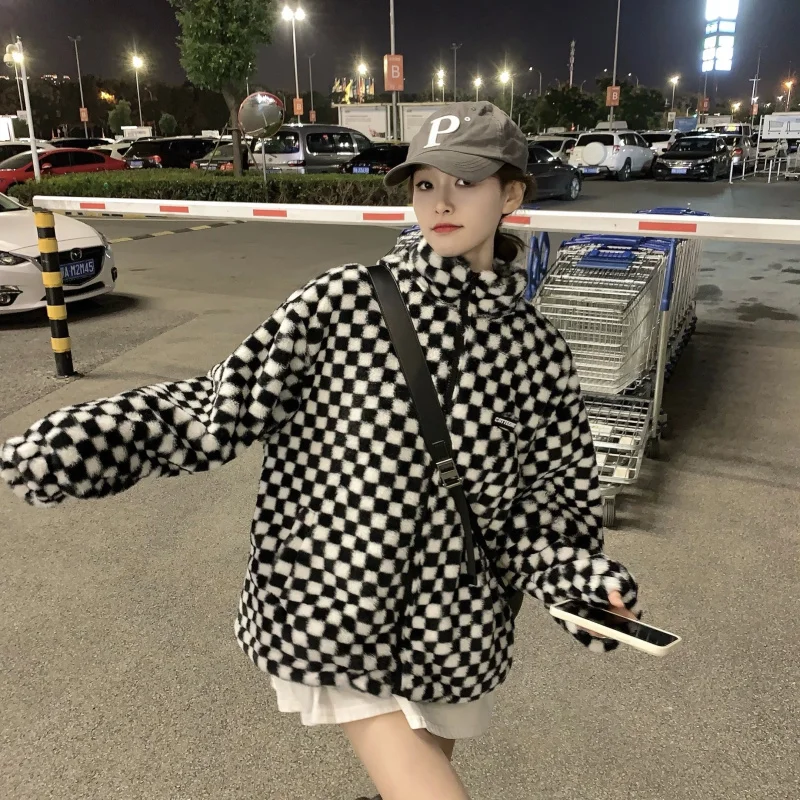 

Fashion Elegant Office Lady Checkerboard Printed Plush Lambswool Thicken Jacket Women Winter Zipper Keep Warm Cotton Coats Tops