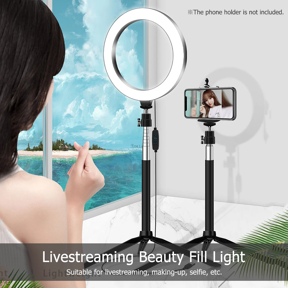 

8 Inch Diammable 3200K-5500K Bi-Color Ring Video Light 3pcs Lighting Modes with Tabletop Tripod Selfie Stick for Vlogging