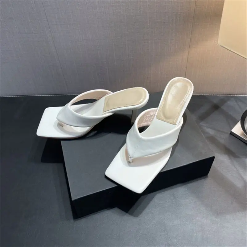 

Meotina Sandals Women Shoes High Heel Flip Flop Slides Square Toe Causal Thin Heel Slippers 2021 Summer Ladies Footwear White