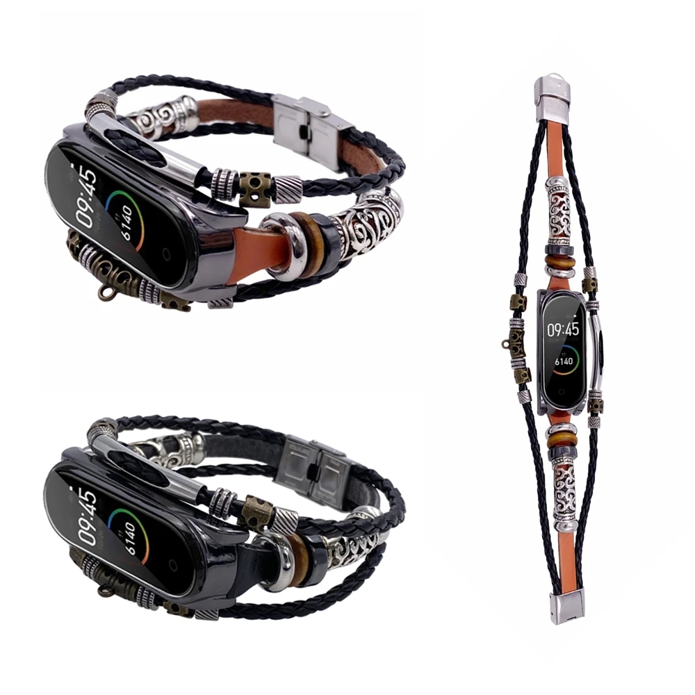 Fashion Retro Strap For Mi Band 5 6 3 4 Wristband watch Leather Straps Replacement Beading Bracelet ремешок на mi band |