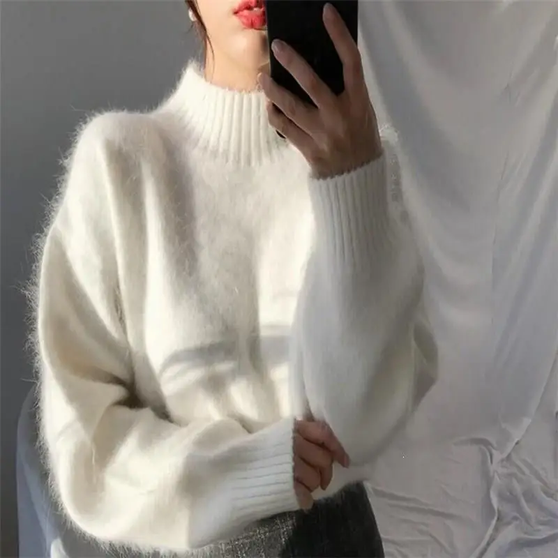Korean Mink Cashmere Oversized Sweaters Elegant Solid Hairy Knitted Pullovers Casual Harajuku Loose Turtleneck 2019 | Женская одежда