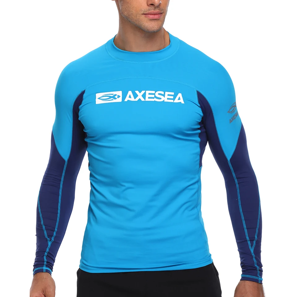AXESEA Men Rash Guard Patchwork Swimwear Long Sleeve Rashguard Sun Protection Swimsuit Surfing Shirt Top UPF50+ Sport Beachwear