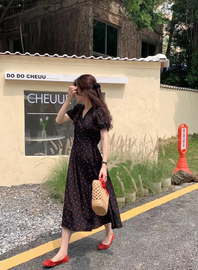 

Women's Cherry Pattern Long Dress V Neck Short Sleeve High Waist Slim Style Dress for Summer Prom Holiday FS99