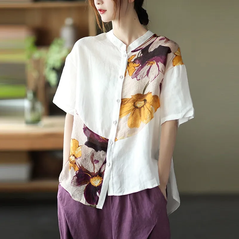 

Женские повседневные рубашки из хлопка и льна, свободные женские топы с коротким рукавом и принтом в стиле пэчворк в винтажном стиле, Новое ...