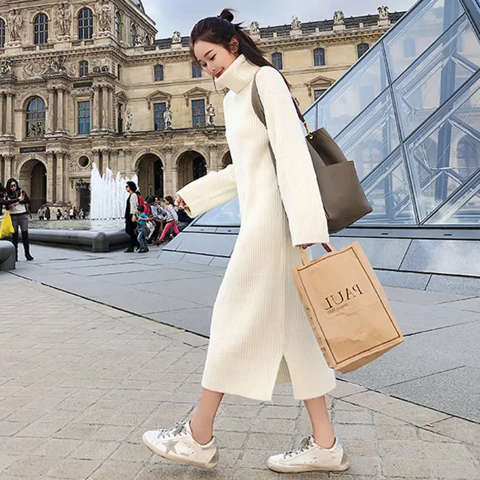 Long sweater skirt Женский вязаный свитер платье водолазка макси Vestidos с длинным рукавом Повседневные осенне-зимние платья пуловеры вязаный джемпер - Цвет: Long sweater skirt