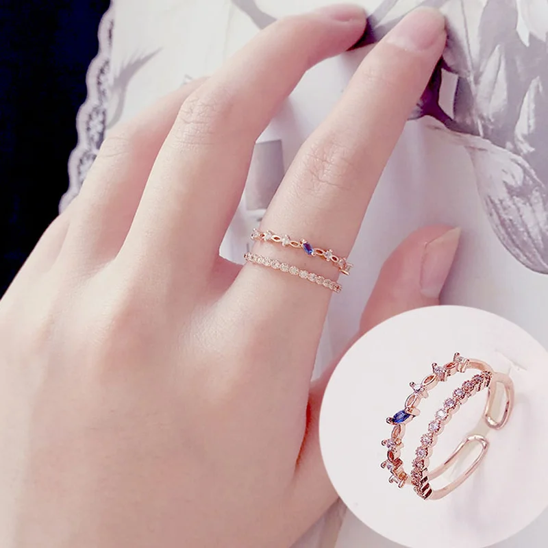 

European and South Korean fashion personality double-layer opening simple and adjustable non-fading ladies ring