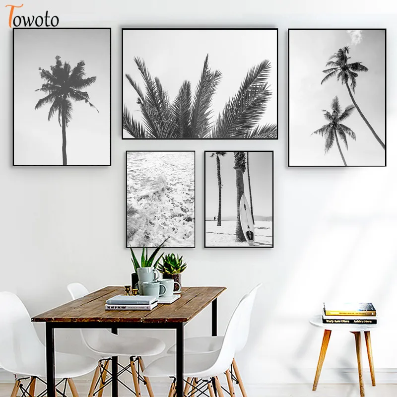 Скандинавские пальмы плакат песчаный пляж океан вода печать черный и белый цвет