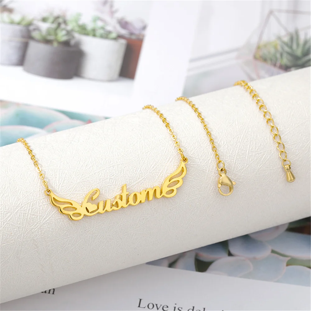 

Custom Name Necklace 18K Gold Stainless Steel Angel Wing Nameplate Pendant Personalized Letter Women Clavicle Chain Gift