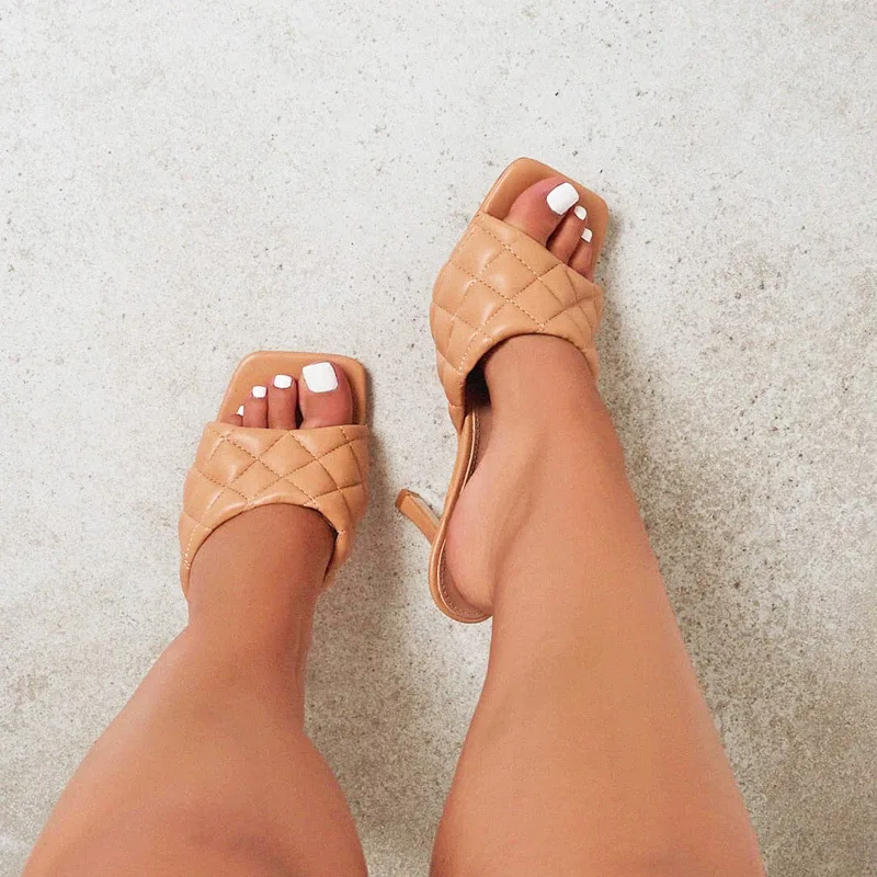 

Vintage Square Toe Slipper Sandals Women Solid Gingham High Heel Women's Sandals Block Heel Ladies Shoes Women Sandals