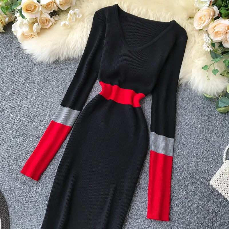 ALPHALMODA осеннее Новое винтажное вязаное платье женское цветное Элегантное зимнее платье с длинными рукавами вязаное платье-футляр