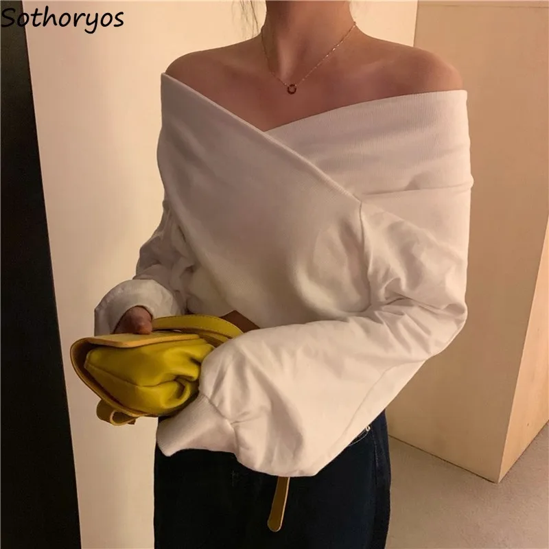 Женские Элегантные толстовки с воротником-лодочкой однотонная Корейская