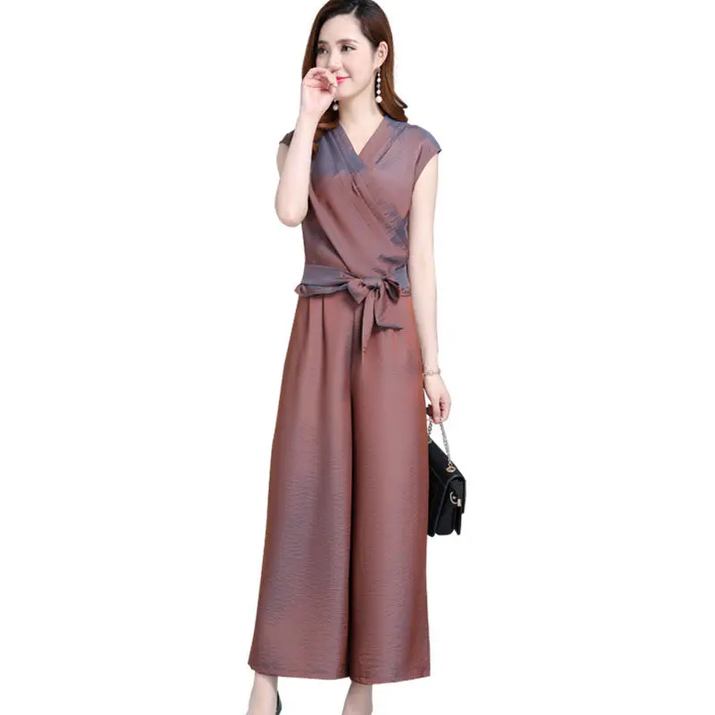 

Ladies Temperament Casual Fashion Wide Leg Pants Two-piece Suit 2020 New Office Summer Shirt Elastic Waist Trouser Sets K248