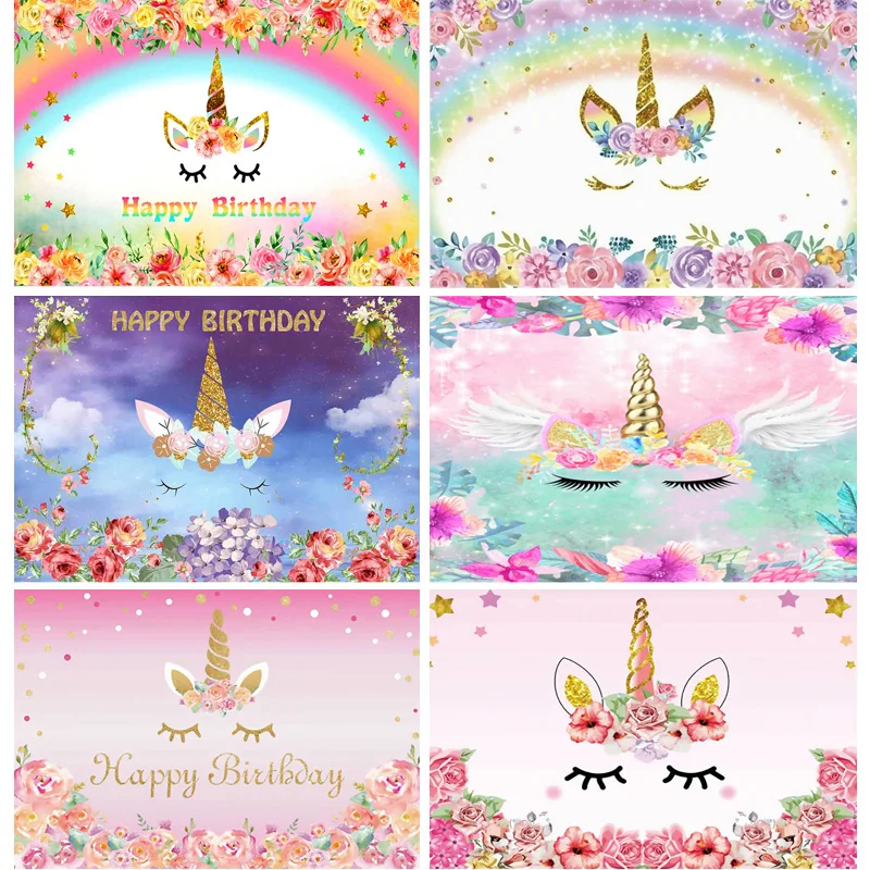 

Vinyl Unicorn Head Photography Backdrop Rainbow Birthday Newborn Banner Flower Party Studio Background 210519-01