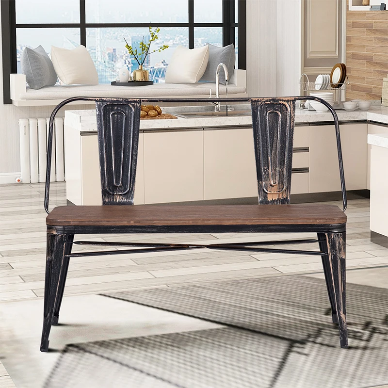 

Rustic Vintage Style Distressed Dining Table Bench with Wooden Seat Panel and Metal Backrest & Legs